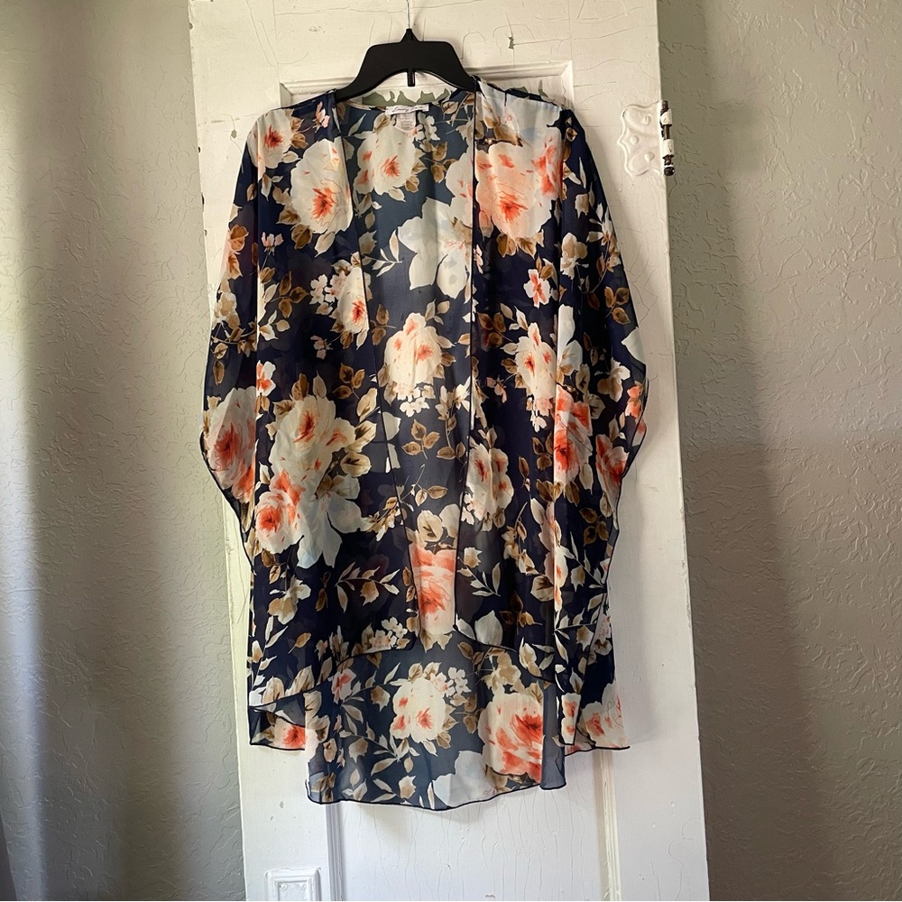 Emory Park Floral Kimono Women’s Size 1X Navy Blue Peach Sheer Chiffon Duster